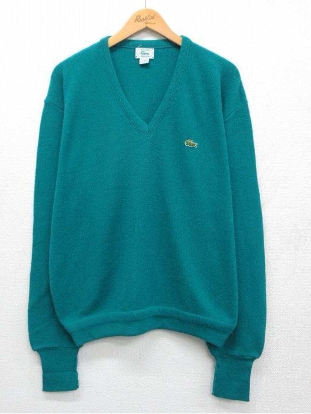 Vintage Lacoste Men's V-Neck Sweater in Teal Green